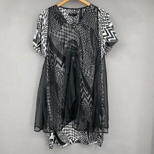 Jerry T Tunic Top Womens L Black White Geometric Sheer Layered Psychedelic Swirl